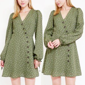 Olive Sage Green Faux Wrap Asymmetric Button Dress